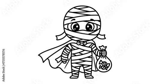 Mummy Holding Candy Bag: A cute cartoon mummy in a costume holding a bag of candies. This adorable illustration captures the fun and playful spirit of Halloween, perfect for various designs.
