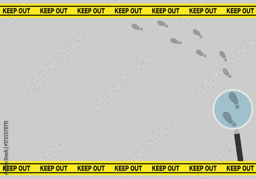 Vector illustration of a keep out tape, footprints and magnifying glass frame