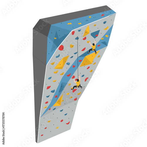 Bouldering gym with two climbers in a modern design with colorful holds on a transparent background