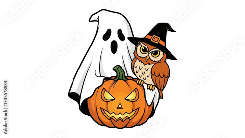 Spooky Halloween Cartoon: A whimsical Halloween illustration featuring a friendly ghost, a wise owl in a witch hat, and a glowing jack-o'-lantern, creating a fun and festive scene.