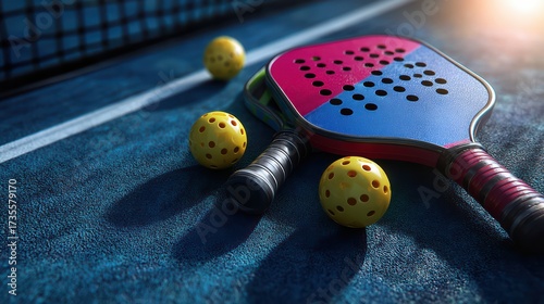 Low angle view Pickleball paddle or racket and ball on a court with empty space, sports equipment, new racket sports game concept for advertising