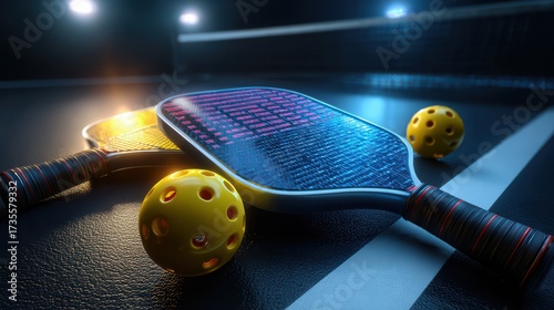 Low angle view Pickleball paddle or racket and ball on a court with empty space, sports equipment, new racket sports game concept for advertising