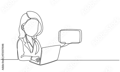 Woman with laptop computer in one continuous line drawing. Symbol of online texting and dialogue.