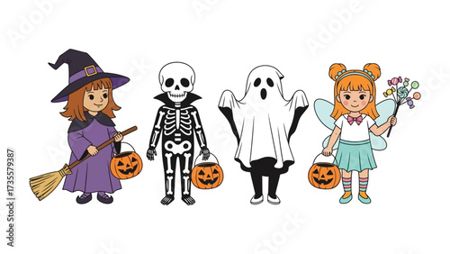 Halloween Costume Characters: A whimsical Halloween illustration featuring four distinct characters - a witch, skeleton, ghost, and fairy - each adorned with their unique attire and accessories.