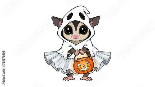 Halloween Sugar Glider: An adorable sugar glider dressed in a ghost costume holds a pumpkin-shaped treat container, a perfect embodiment of Halloween's playful spirit. 
