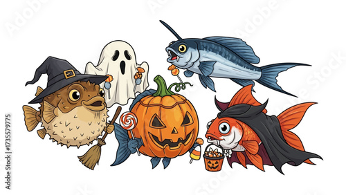 Halloween Marine Creatures: A whimsical ensemble of marine creatures adorned in Halloween costumes. Each one, from the pufferfish witch to the vampire goldfish, is captured in a cheerful illustration.