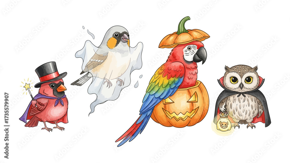 Fototapeta premium Festive Avian Ensemble: A whimsical collection of Halloween-themed birds dressed in adorable costumes, bringing a touch of fun and charm to the holiday season.
