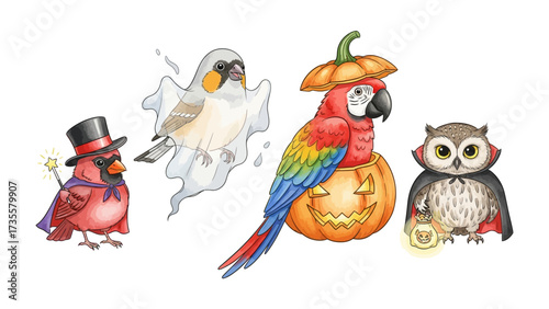 Festive Avian Ensemble: A whimsical collection of Halloween-themed birds dressed in adorable costumes, bringing a touch of fun and charm to the holiday season.