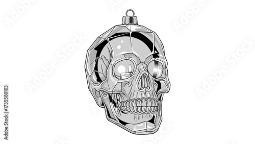 Silver Skull Ornament: A strikingly detailed chrome-silver skull ornament, suspended in a stark visual with artistic flair, a modern juxtaposition of life and death themes. 