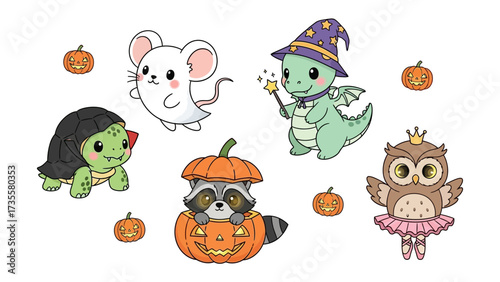 Spooky Creature Party: A collection of adorable creatures including a bat, mouse, dragon, turtle, raccoon, and owl, each dressed in charming Halloween costumes, creating a scene of playful.