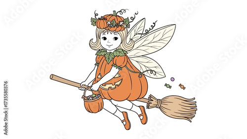 Enchanting Halloween Sprite: An adorable sprite in an orange pumpkin costume soars gracefully through the air, riding on a broom and sprinkling treats to evoke an air of delight and amusement.