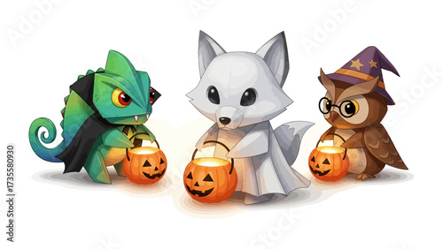 Halloween Trio: A charming illustrated scene features a chameleon in a cloak, a fluffy white fox, and a wise owl, each holding a glowing jack-o'-lantern, set against a pristine background.