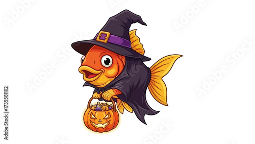 Halloween Witchy Fish: A delightful cartoon illustration features a goldfish dressed as a witch, complete with a pointy hat and a carved pumpkin, perfect for Halloween.