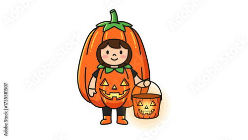 Spooky Spectacle: A charming child, joyfully adorned in a vibrant pumpkin costume, embraces the Halloween spirit with an ornate bucket, ready to collect treats. 