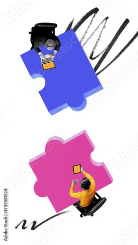 Playful stop motion with business teamwork with two people on puzzle pieces using laptops. Concept of collaboration, company structure, synergy, workflow and problem solving.