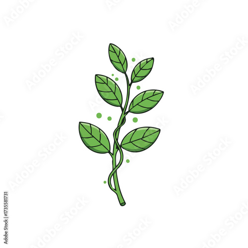 Green plant stem with leaves and small dots.