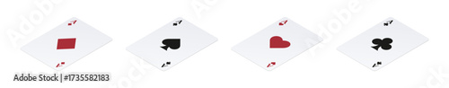 Aces of hearts, spades, diamonds, and clubs. Isometric playing cards, facing right. Transparent background.