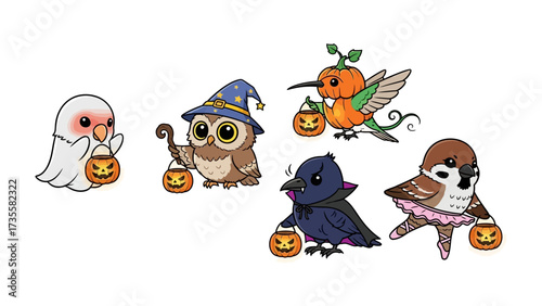 Spooky Birds Ready for Trick or Treat: Adorable illustrations of birds dressed up in costumes for Halloween, holding small jack-o'-lanterns, radiating joy and celebration.