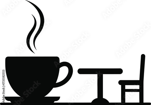 Silhouette of a steaming coffee cup with a table and chair