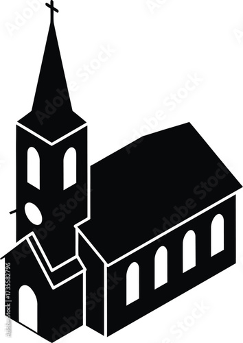 Simple black and white isometric illustration of a church building