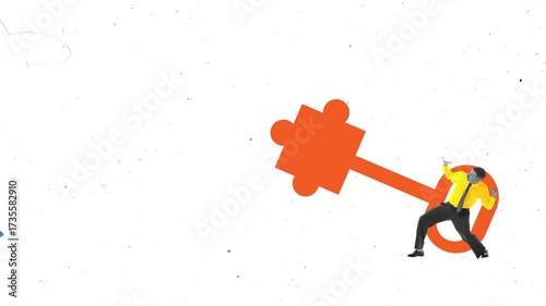 Modern ad video with businessman carrying puzzle piece key for missing gap in colorful board. Concept of strategy fit, solution finding, analysis, leadership, and unlocking growth.