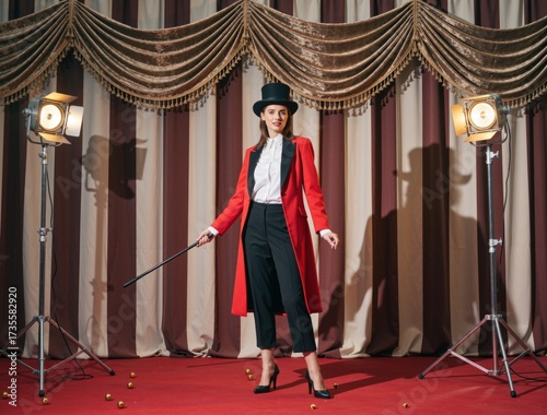 Woman ringmaster performing magic on circus stage