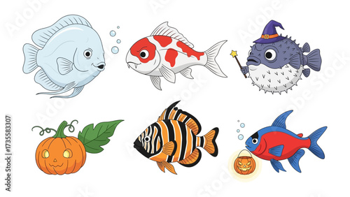 Aquatic Fantasies: A delightful ensemble of six uniquely designed fishes and pumpkin illustrations, brimming with vibrant colors and charm, perfect for aquatic themed projects