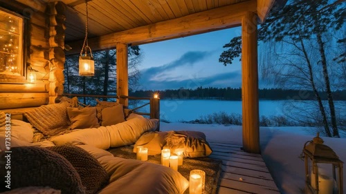 Cozy Winter Cabin Retreat with Snowy Lake View at Sunset