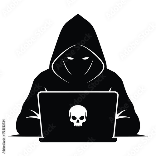 Vector art of anonymous hacker in a hood with a skull on laptop screen
