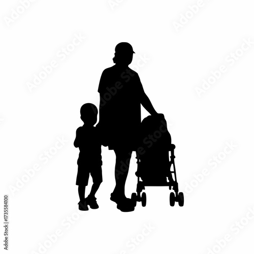 Silhouette of a caregiver pushing a stroller with two children isolated on white background