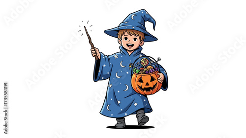 Halloween Wizard: A youthful wizard, conjuring spells with his wand. In his free hand, he holds a festive pumpkin carrying delicious candies, embodies the spirit of enchantment and childhood fantasy.