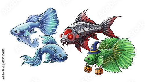 Whimsical Aquatic Wonders: Four stylized fish illustrations in a vibrant and artistic rendering. Explore a captivating collection of unique underwater creature. 