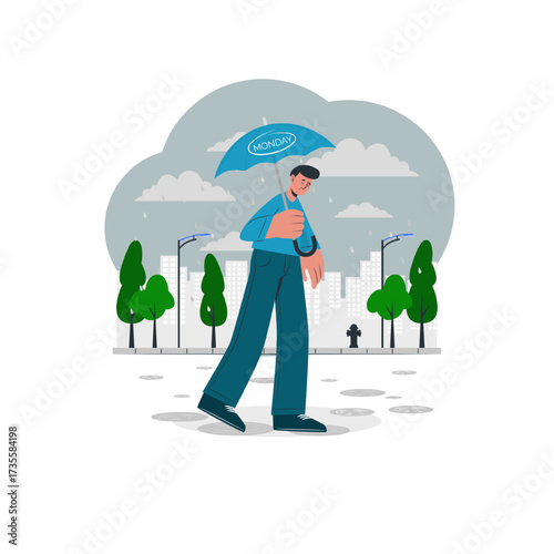 Monday blues, raining dan sadness. tired and fear of routine office work, depression worker, sleepy and frustrated on Monday morning, tired and sleepy businessman going to work