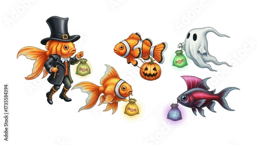 Spooky Underwater Party: A collection of charming cartoon fish in costumes celebrating Halloween.  Each character, from a top-hatted goldfish to a spectral ghost.