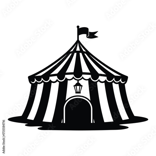 Vector art of silhouette of a circus tent with a flag on top and an entrance