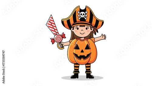 Pumpkin Pirate's Halloween Adventure: A little girl in an adorable pirate costume with a candy sword, embracing the spooky spirit of Halloween with playful charm.