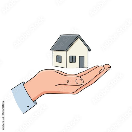 Hand holding a small house illustration.