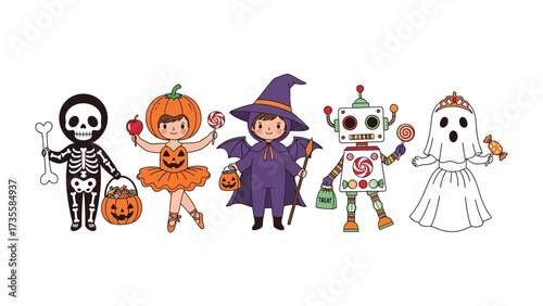 Halloween characters in costumes : Delightful group of cartoon characters dressed in fun and whimsical costumes, perfect for the holiday. These costumes celebrate the joyful spirit of Halloween