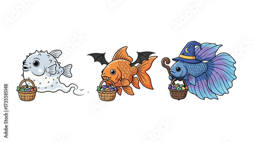 Fantasy Fish Trio: This imaginative artwork depicts a trio of whimsical fish characters, each uniquely adorned and carrying baskets, creating a delightful scene filled with fantasy and charm. 
