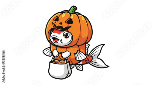 Halloween Pumpkin Costume: An amusing illustration features a goldfish delightfully adorned in a festive pumpkin costume. The illustration radiates an atmosphere of festive spirit.
