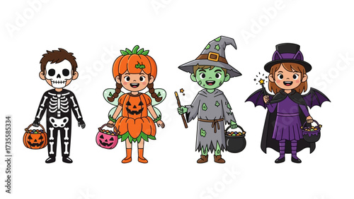Halloween Costume Extravaganza: A delightful collection of whimsical kids dressed in enchanting costumes, celebrating the festive spirit. Each child gleams with imagination.