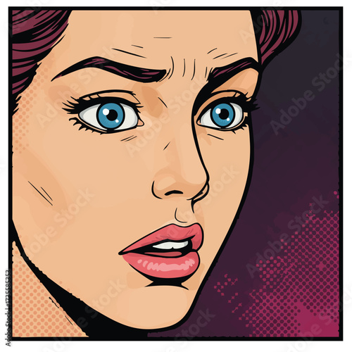 Close up of a womans face with blue eyes and pink lips in a comic book style.