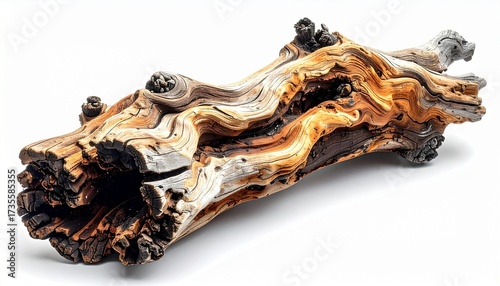 Aged driftwood with twisted, organic branches and weathered textures, isolated on a neutral background for artistic or decorative use.