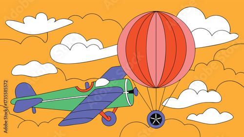 Airplane in the sky with clouds. Vector illustration of a cartoon airplane.
