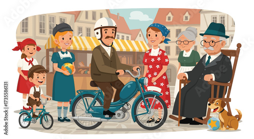 Big happy family. Grandparents, parents and kids, pets chilling. Group portrait of different relative generations.  people vector illustration