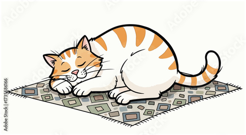Cute orange tabby cat sleeping peacefully curled up on colorful patterned carpet, adorable illustration in watercolor cartoon style.