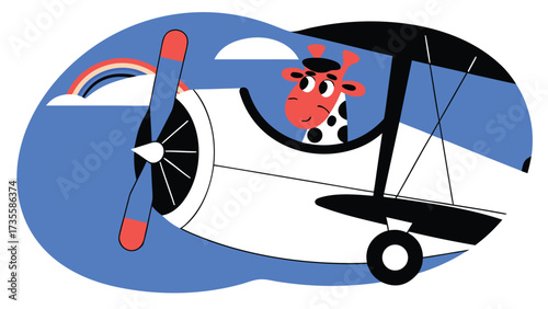 Vector illustration of a funny little giraffe in a propeller plane