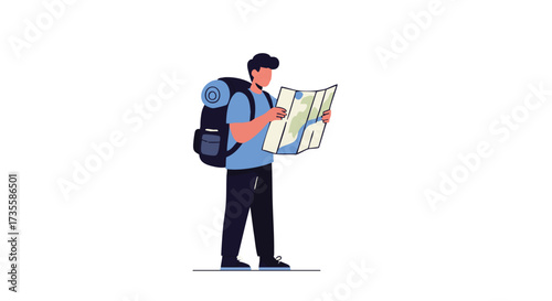 Man with backpack looking at map.