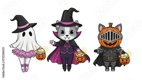 Spooky Halloween Trio: Adorable, digitally-created creatures dressed in playful Halloween costumes, holding candy baskets, ready to spread the joy.