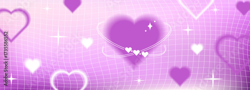 Happy Valentine's Day holiday horizontal banner. Y2k aura blur gradient heart background. Abstract romantic aesthetic designs for social media marketing, branding, packaging